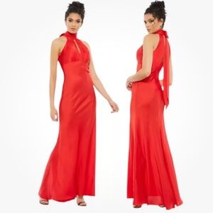 Mac Duggal Red Satin Keyhole Halter Empire Waist Wedding /Event Gown Sz 2 NWT